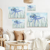 Undersea octopus canvas print set, Made in USA, blue octopus watercolor art for home decor, various sizes, minimalist style.