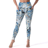 High-waisted blue yoga leggings with pockets, artistic design and BONJOUR detail, workout wear.