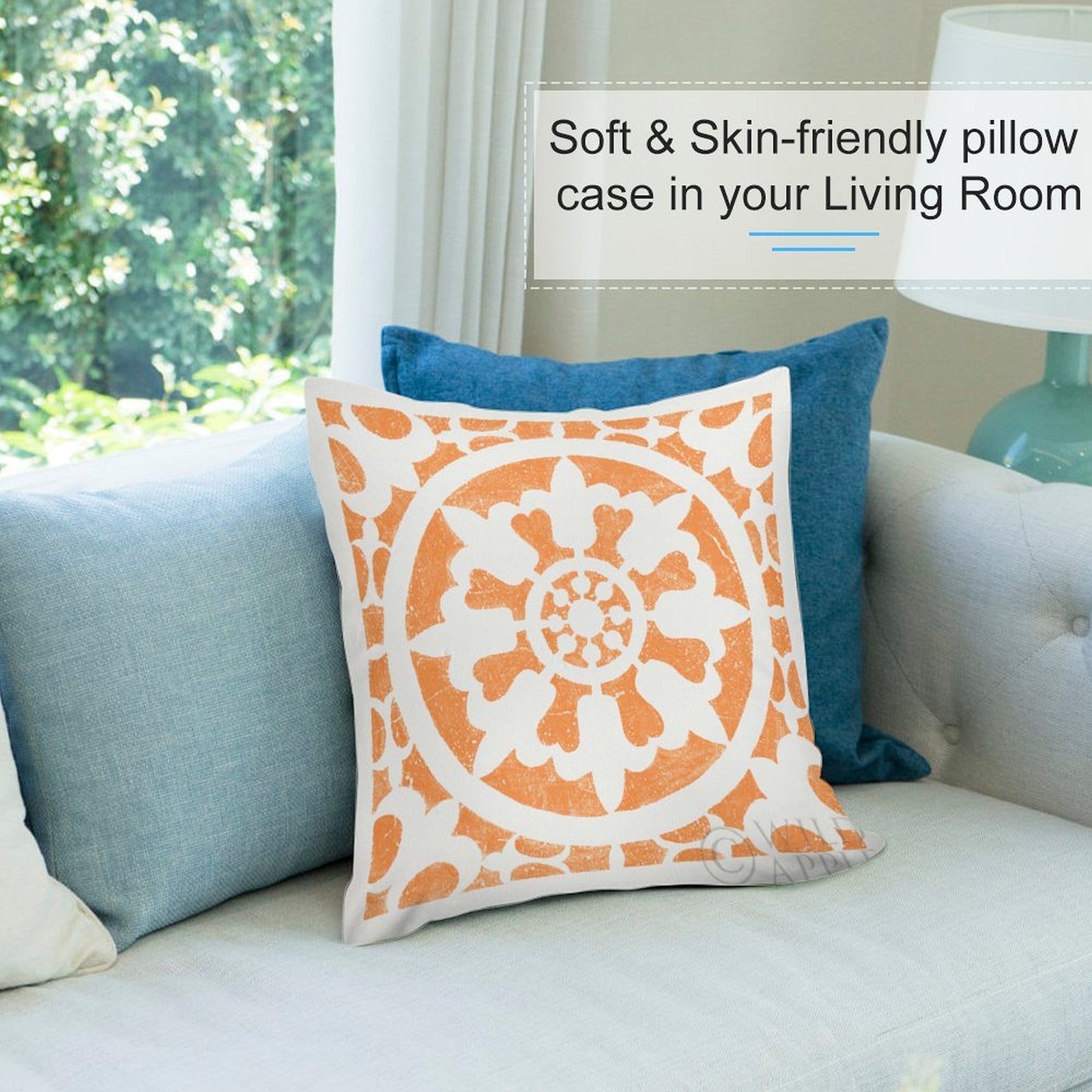 Orange floral throw pillow cover on a sofa for living room decor. Soft and skin-friendly plush pillowcase