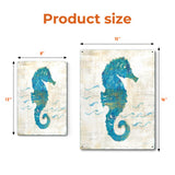 Product size comparison of the 'On the Waves III' blue seahorse metal sign; 8x12 and 12x16 sizes