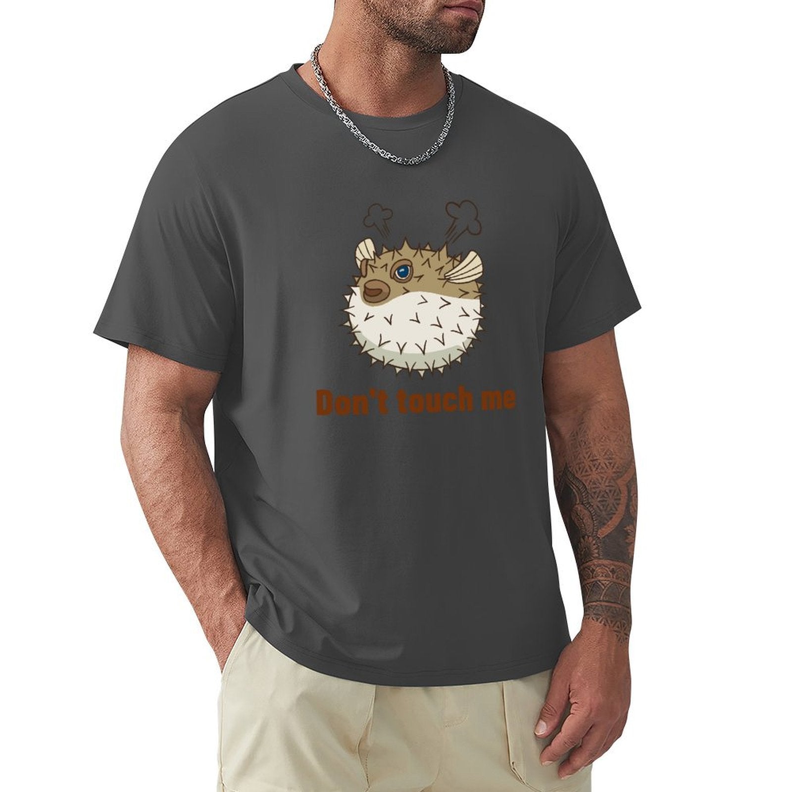 Men's crew neck t-shirt, dark gray, with pufferfish graphic and "Don't touch me" text, available in multiple sizes.