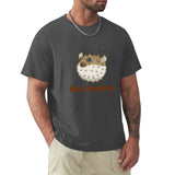Men's charcoal crew neck t-shirt with pufferfish graphic and "Don't touch me" text