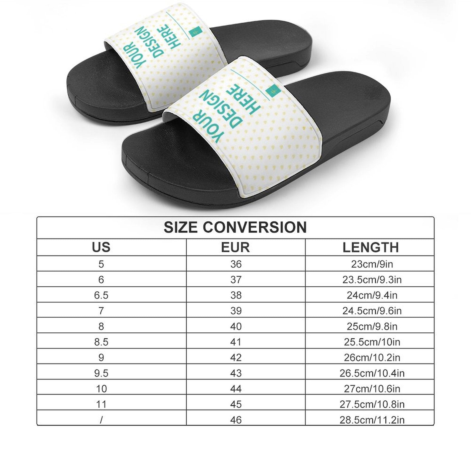 Custom slide slippers for men and women with personalized design on white strap and size chart