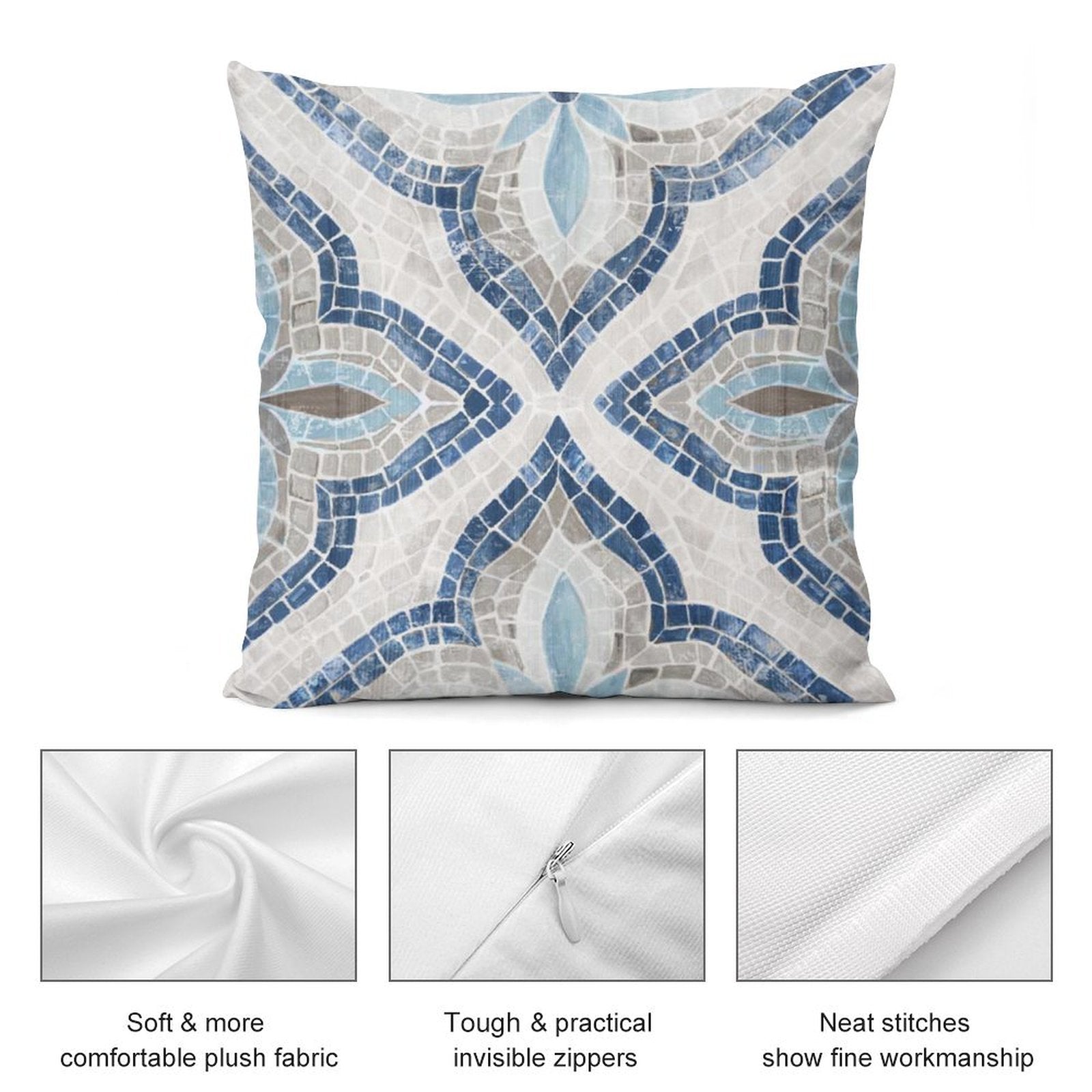 Mosaic plush throw pillow cover. Soft, decorative cushion with blue, gray, and white pattern and invisible zipper.