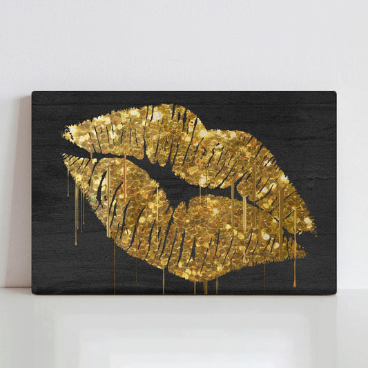 Goldenlips canvas print, black background, gold glitter art for home decor.