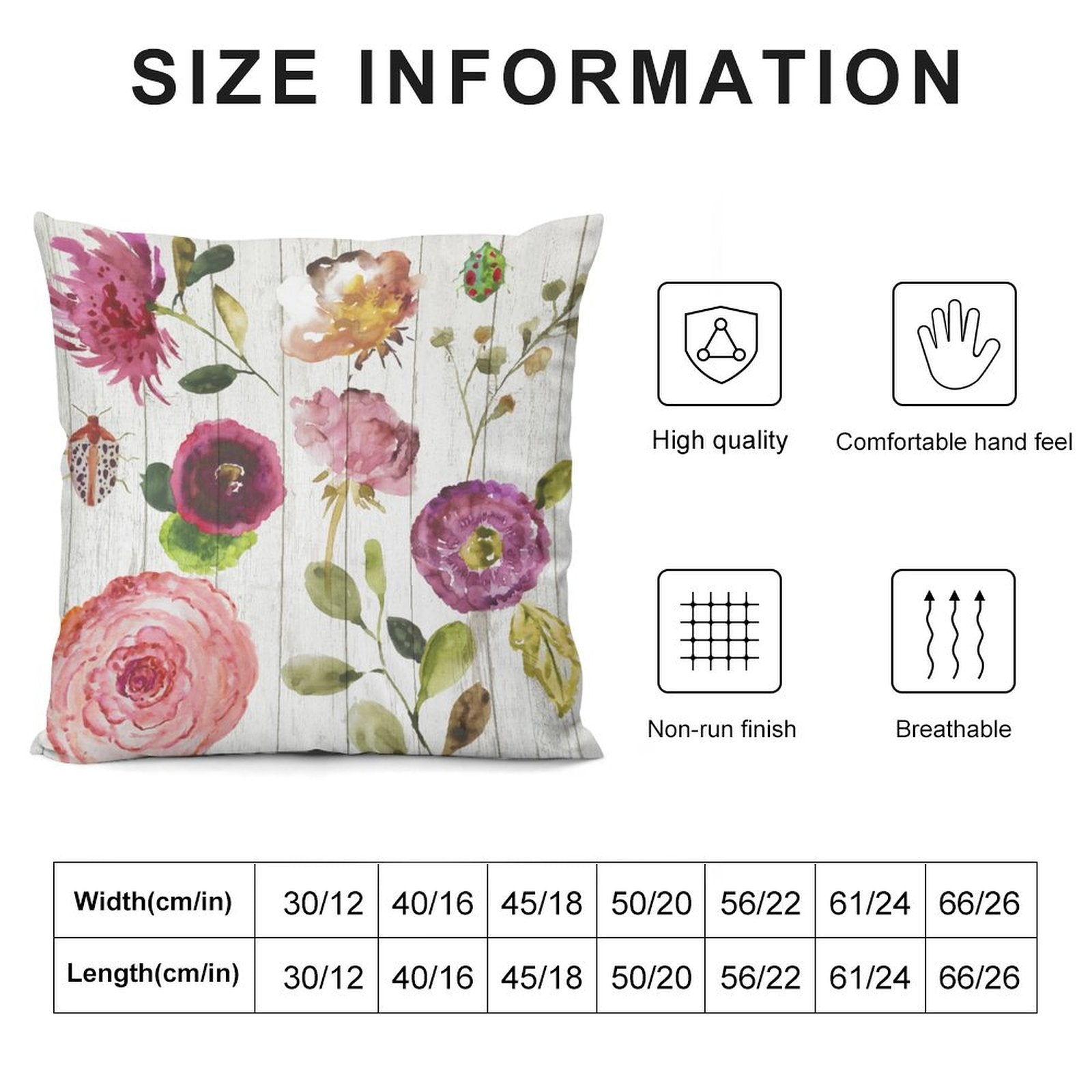 Watercolor floral plush pillow cover. Soft, decorative, high quality, size chart.
