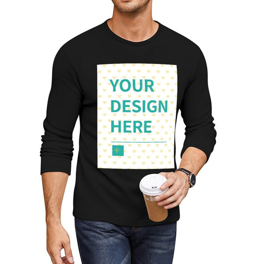 Black long sleeve custom t-shirt for men with "YOUR DESIGN HERE" message and heart pattern, personalized design