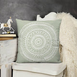 Sage green plush pillow cover with white mandala design, decorative and comfortable.