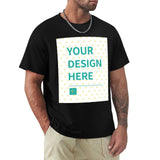 Men's black crew neck t-shirt with custom design option. Showcasing customizable art at MyArtsyGift.