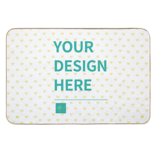 Customizable floor mat with heart pattern and 'Your Design Here' text, washable and non-slip.