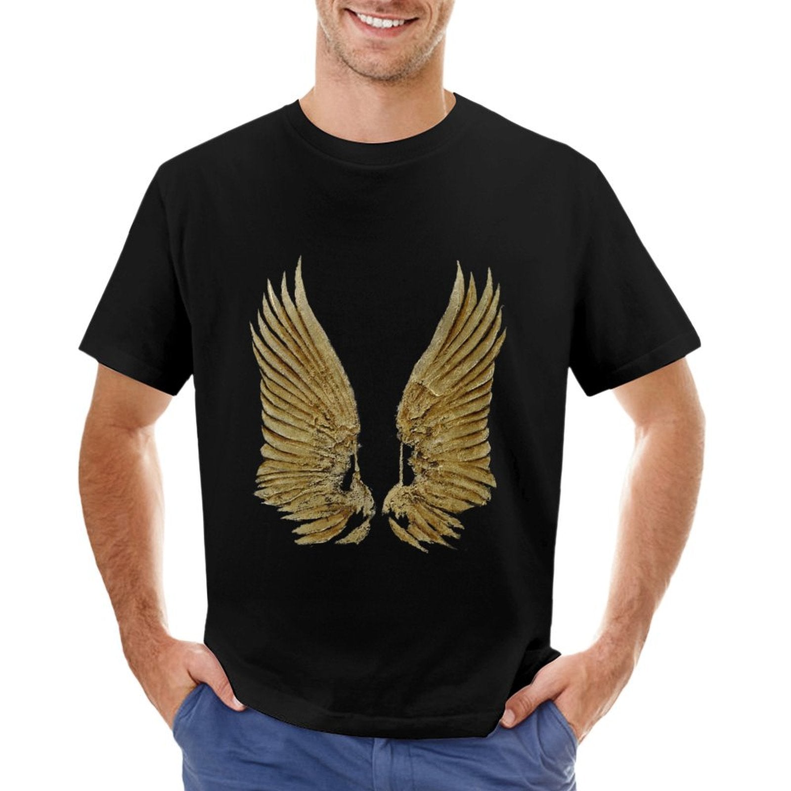 Men's black t-shirt with golden wings design. Classic tee, made of cotton, MyArtsyGift