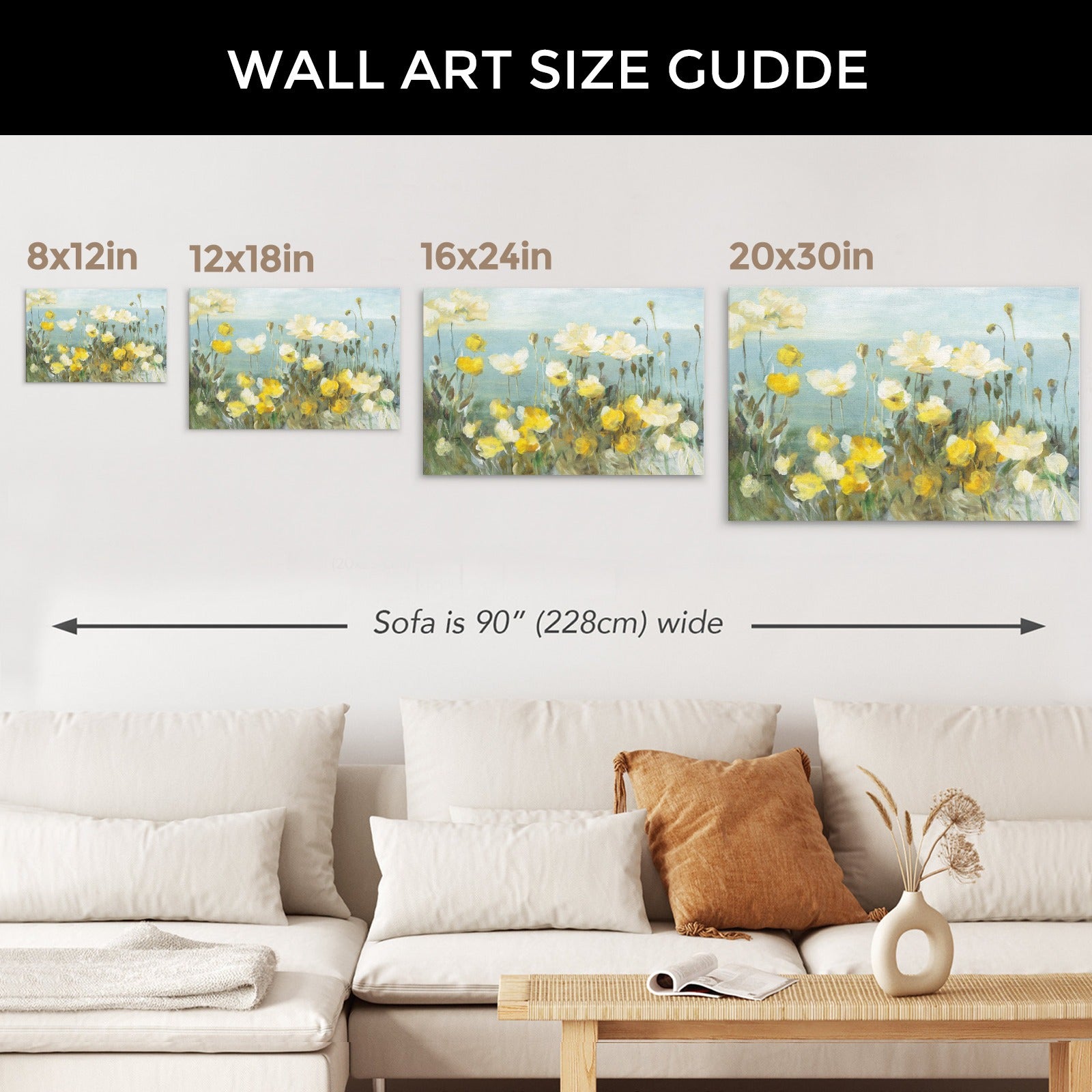 Field of Poppies Bright Crop Canvas Print size guide, Wall art decor, shown with sofa for scale. Various sizes available.