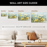 Field of Poppies Bright Crop Canvas Print size guide, Wall art decor, shown with sofa for scale. Various sizes available.