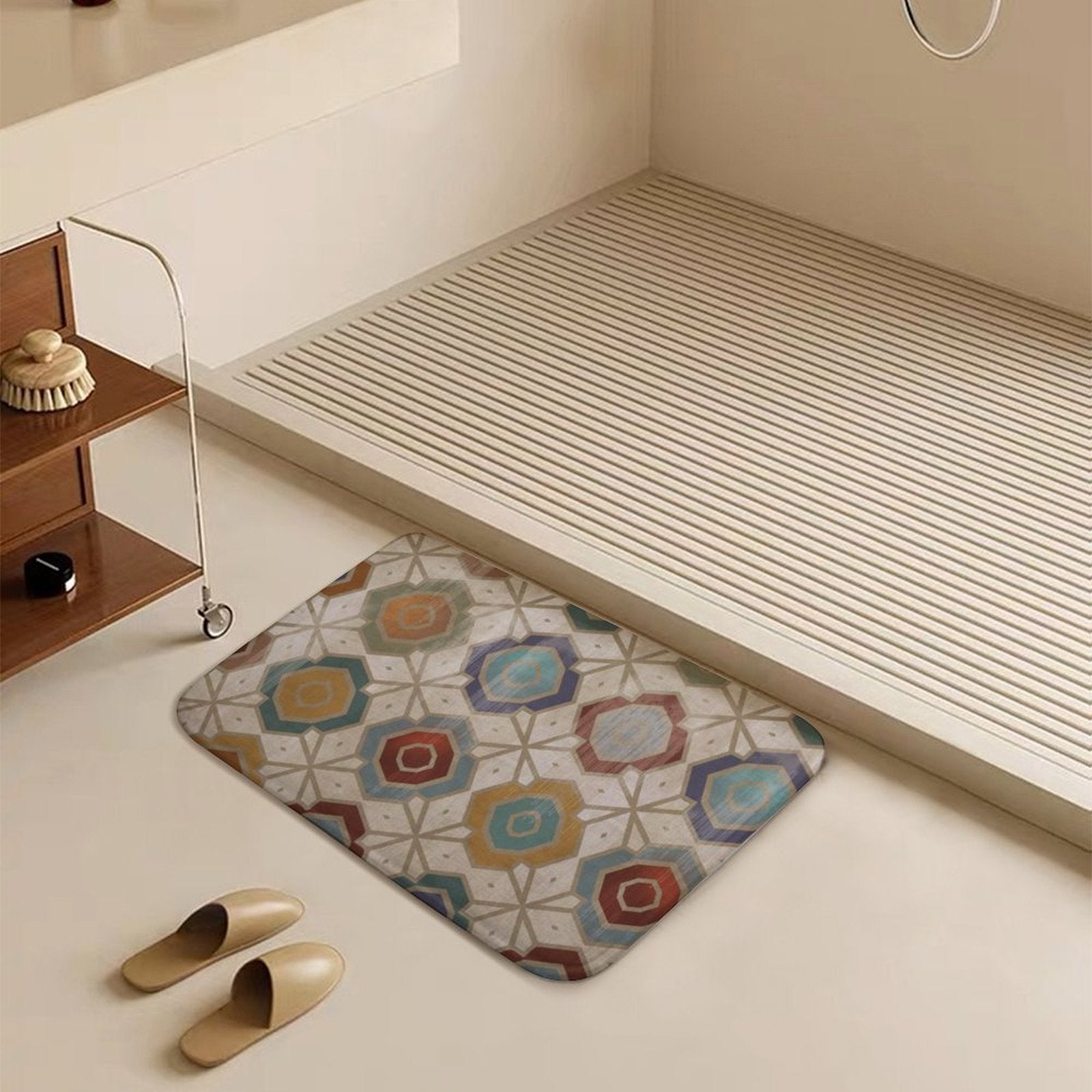 Coral velvet bath rug with geometric pattern, non-slip for bathroom floor