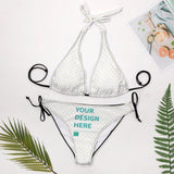 Customizable white bikini with heart pattern and 'YOUR DESIGN HERE' design for women