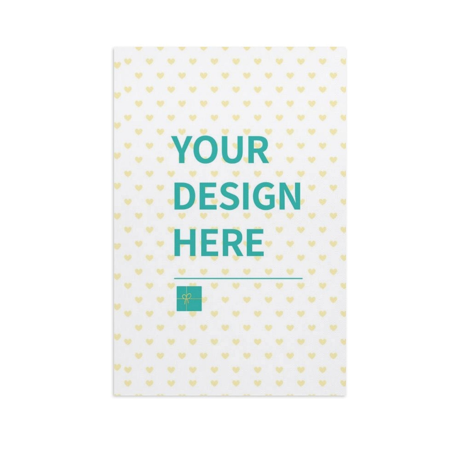 Custom canvas print, 'YOUR DESIGN HERE', personalized wall art with hearts and gift box, ideal for home decor.