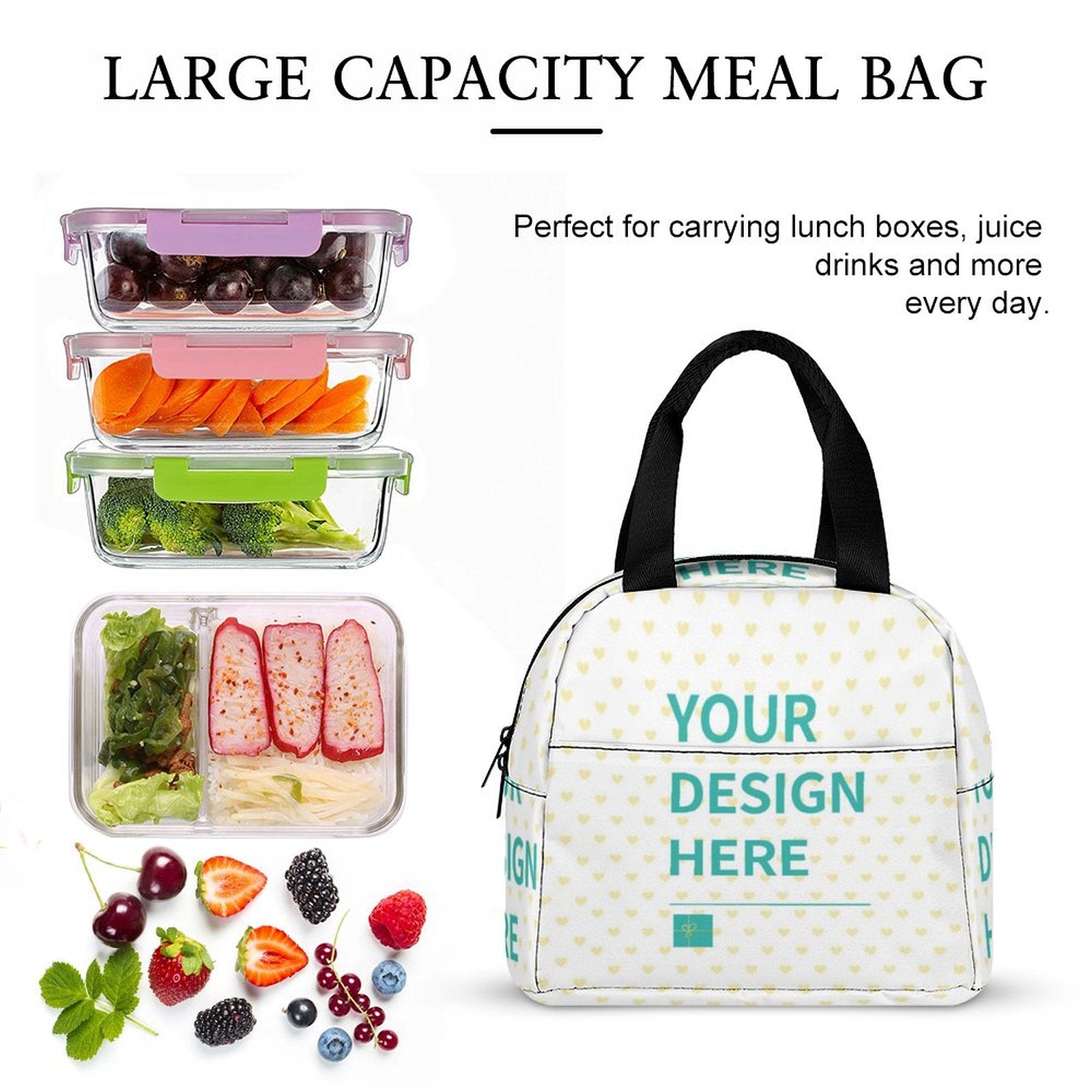 Customizable lunch bag with your design, ideal for work, travel, or school; illustrated with fresh food and meal containers.
