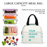 Customizable lunch bag with your design, ideal for work, travel, or school; illustrated with fresh food and meal containers.