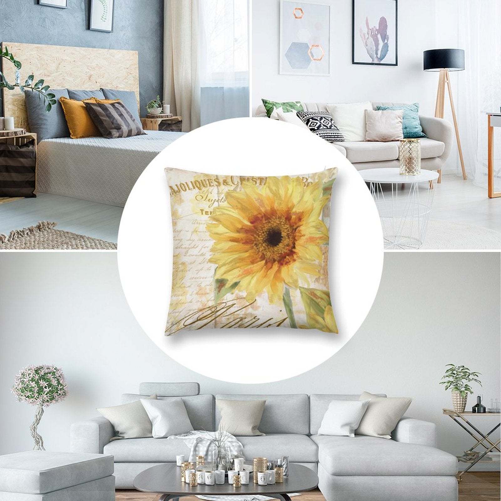 Sunflower decorative pillow cover, soft plush, vintage design for sofa and living room, includes text.