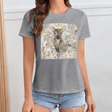Women's gray crewneck t-shirt with deer graphic, MyArtsyGift casual wear