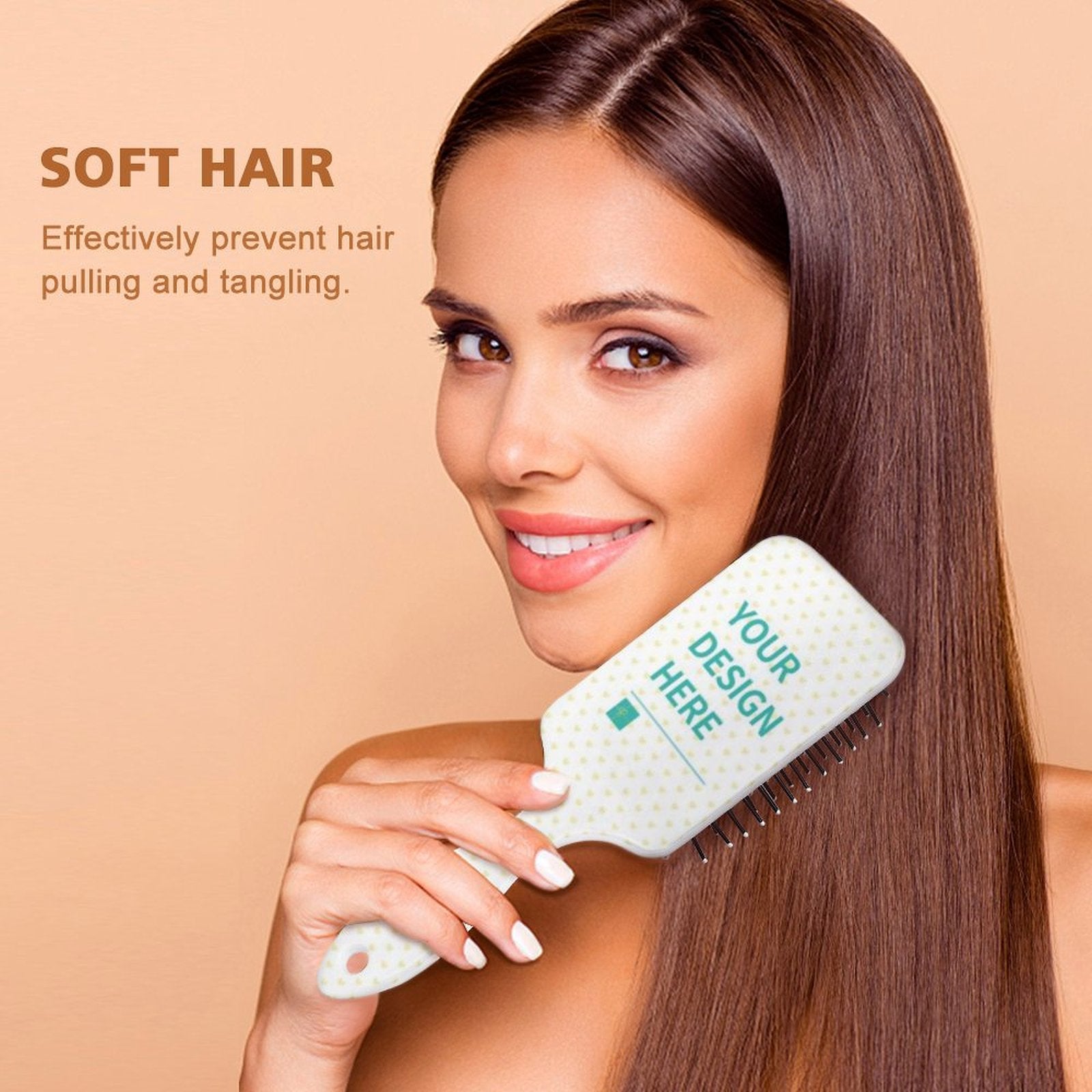 Customizable air cushion hair brush with white handle, black bristles. Shown with design area, for soft hair.