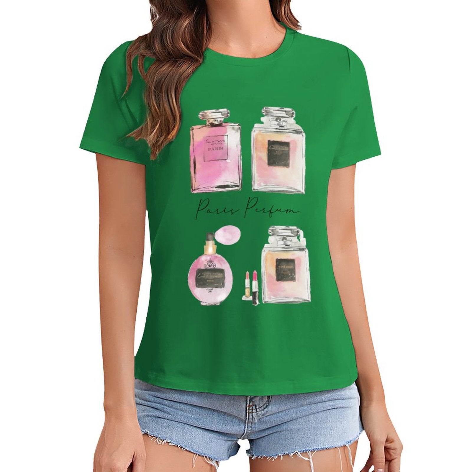 Green women's t-shirt with Paris Perfum graphic print, short sleeve crewneck apparel from MyArtsyGift
