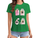 Green women's t-shirt with Paris Perfum graphic print, short sleeve crewneck apparel from MyArtsyGift