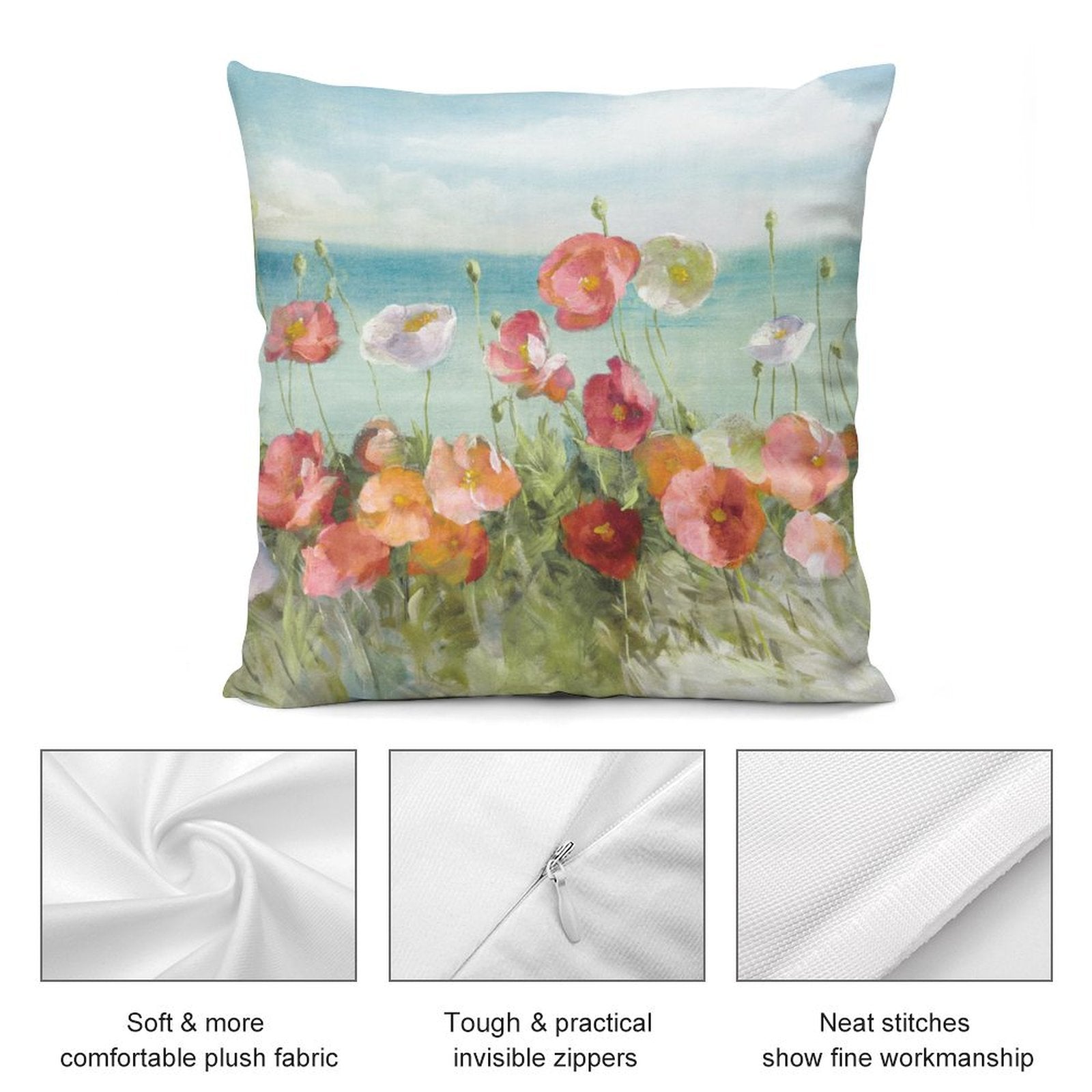 Poppy floral plush pillow cover featuring soft plush fabric, invisible zippers, and fine stitching.