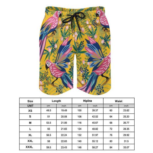 Men's Hawaiian swim trunks with parrot print, elastic waistband, and mesh lining. Quick-dry beach shorts for gifts.