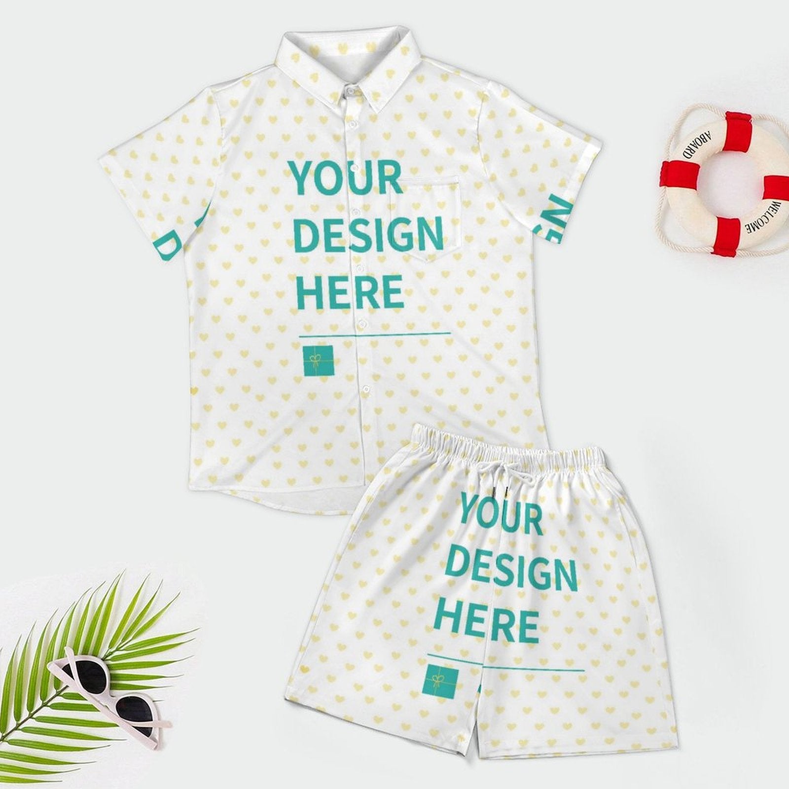 Customizable short sleeve shirt set for men, featuring 'YOUR DESIGN HERE' on white fabric with yellow heart pattern.