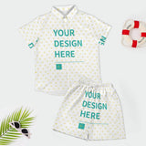 Customizable short sleeve shirt set for men, featuring 'YOUR DESIGN HERE' on white fabric with yellow heart pattern.