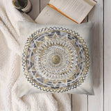 Plush throw pillow cover with mandala design in gold and white, perfect for sofa and living room