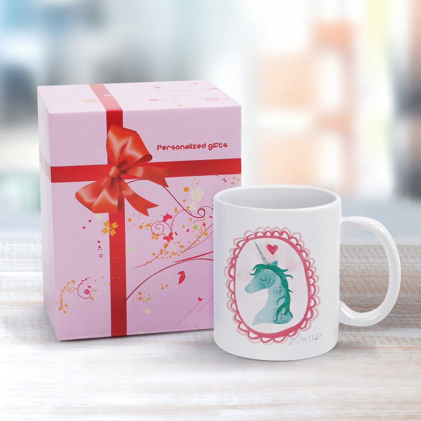 Unicorn Magic II personalized ceramic mug with gift box. Customizable gift idea for MyArtsyGift.com.