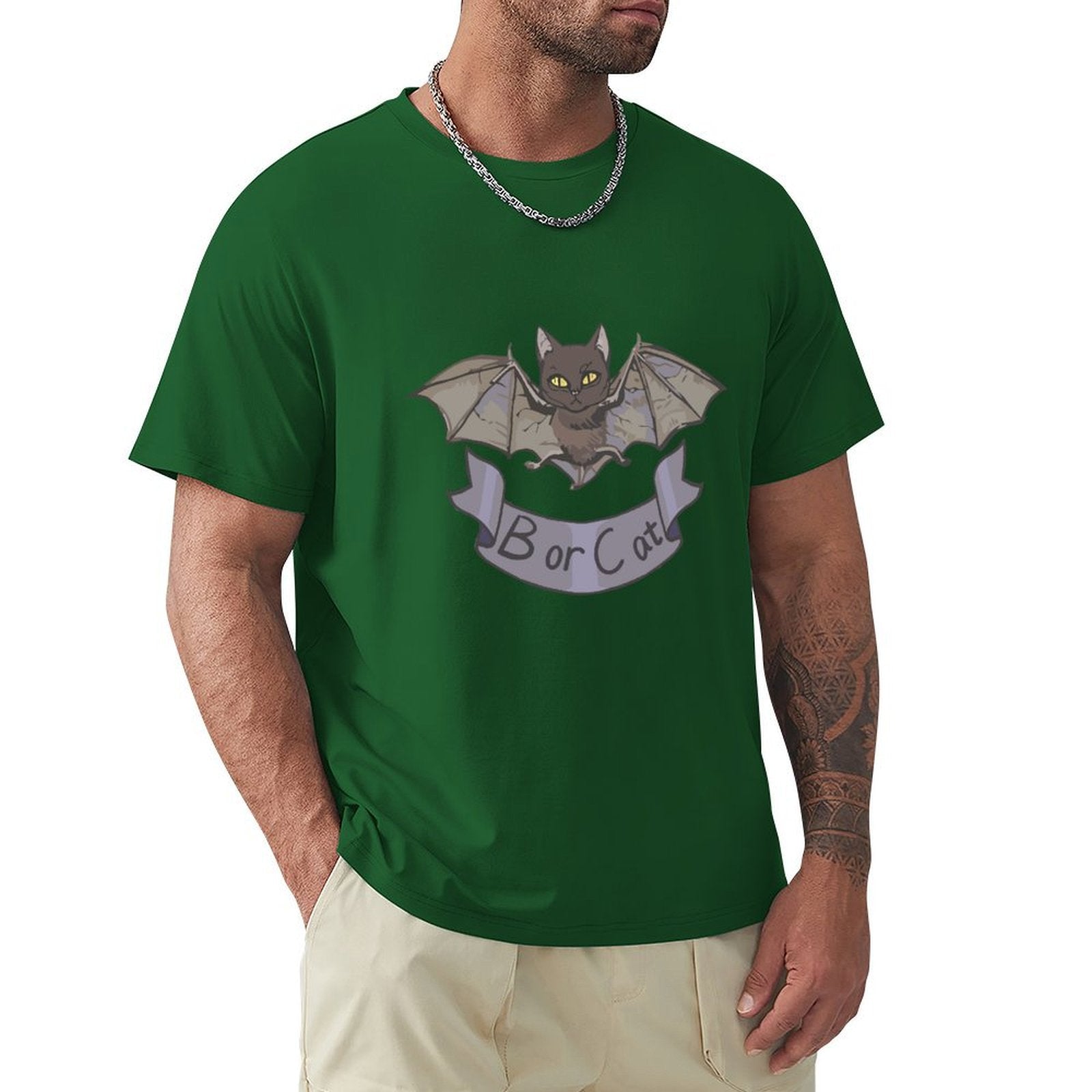 MyArtsyGift Men's green crew neck t-shirt with Bor or Cat bat-cat design, cotton tee for men