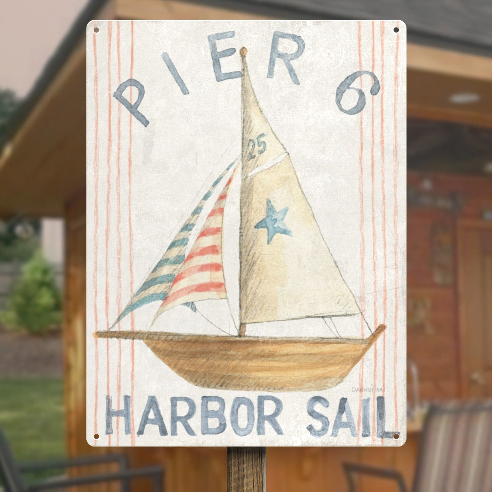 Nautical metal sign: Pier 6 Harbor Sail artwork with a sailboat illustration; a perfect beach decor