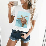 Women's white graphic tee with sea turtle print, casual summer outfit
