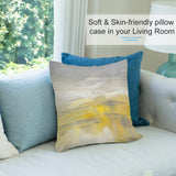 Plush pillow cover with abstract yellow and gray art design on sofa, soft and skin-friendly for living room decoration