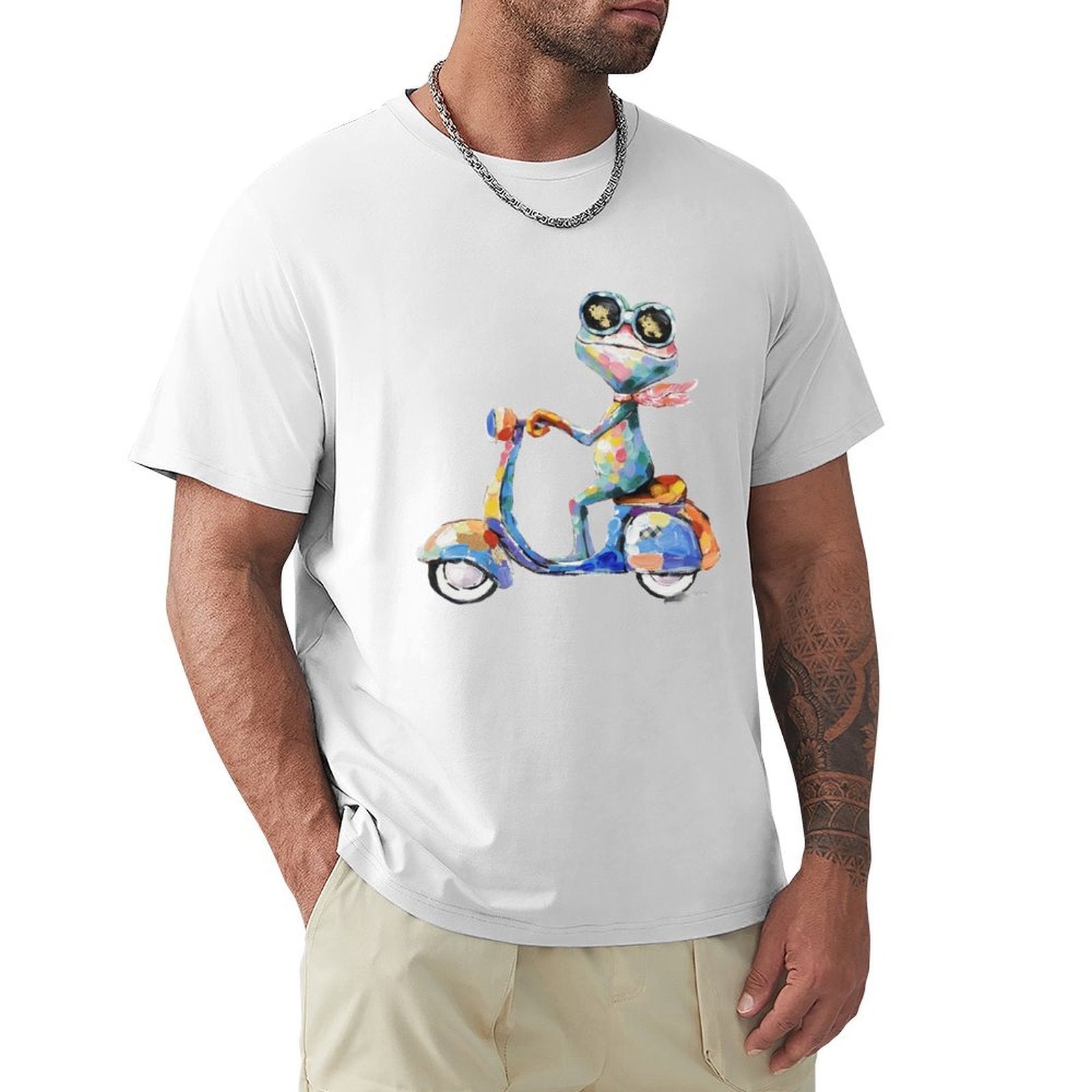 Men's white cotton t-shirt with frog on scooter design. Classic Tees, comfortable fit and breathable.