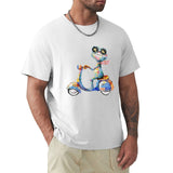 Men's white cotton t-shirt with colorful frog on scooter design. Artistic tee.