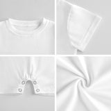 White cotton baby bodysuit details: neckline, sleeve, button closures, and fabric texture - perfect for baby's delicate skin