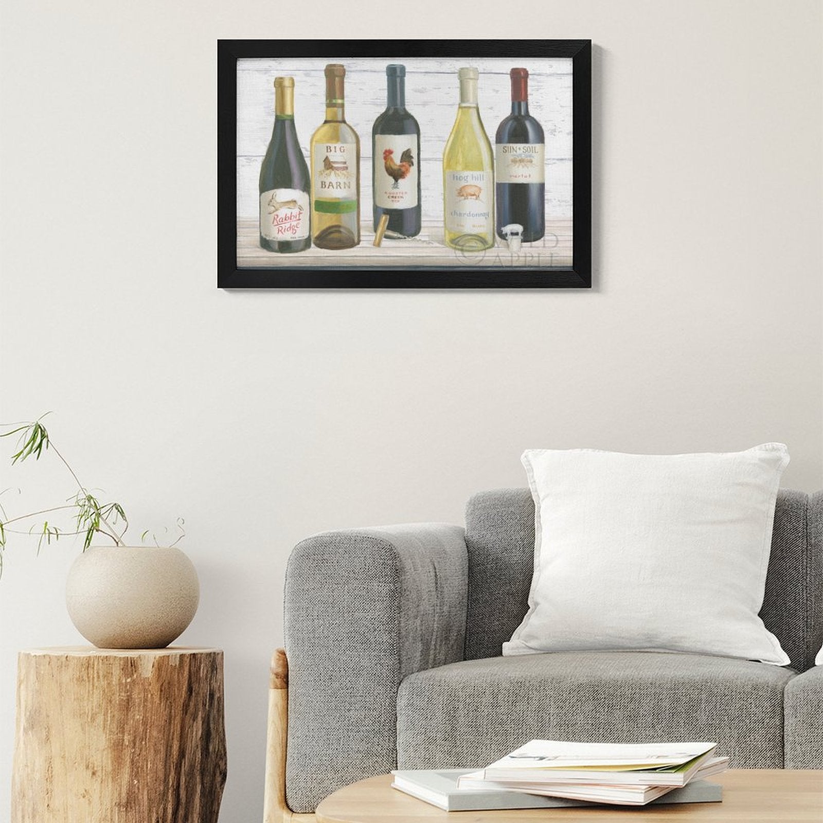 Framed Canvas Print: Wine bottles featuring Rabbit Ridge, Big Barn, Rooster Creek, Hog Hill, and Sun+Soil labels. Home decor.