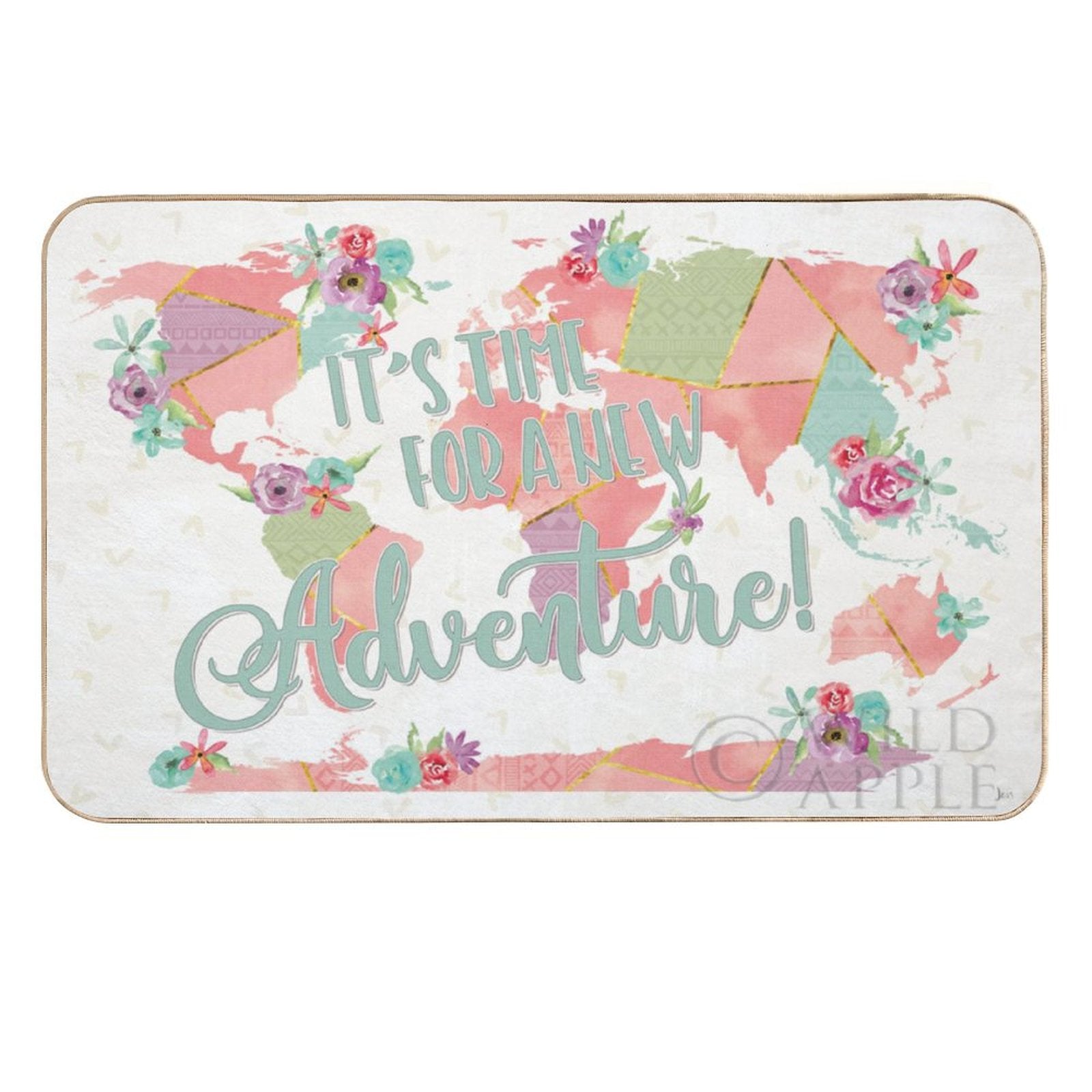 Floral world map floor mat with 'It's Time For A New Adventure' text for bedroom and bathroom