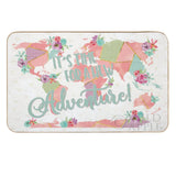 Floral world map floor mat with 'It's Time For A New Adventure' text for bedroom and bathroom