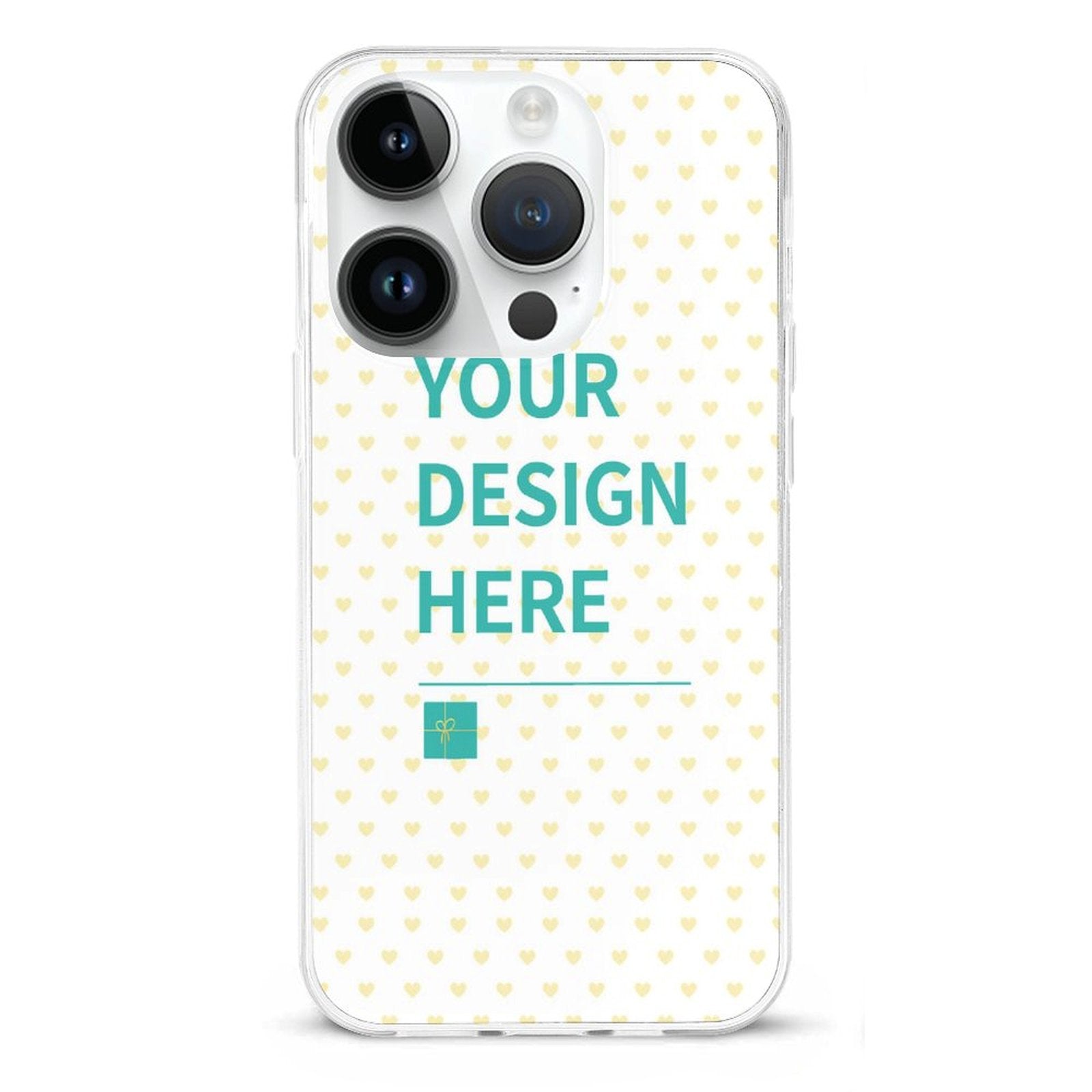 Custom iPhone 14 case with 'YOUR DESIGN HERE' design, heart pattern, protective TPU material from MyArtsyGift