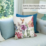Plush pillow cover with hummingbird and floral design, soft and skin-friendly for living room