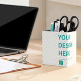 Custom pen holder with your design. Square desk organizer, office stationery. Includes pens, markers, and scissors.