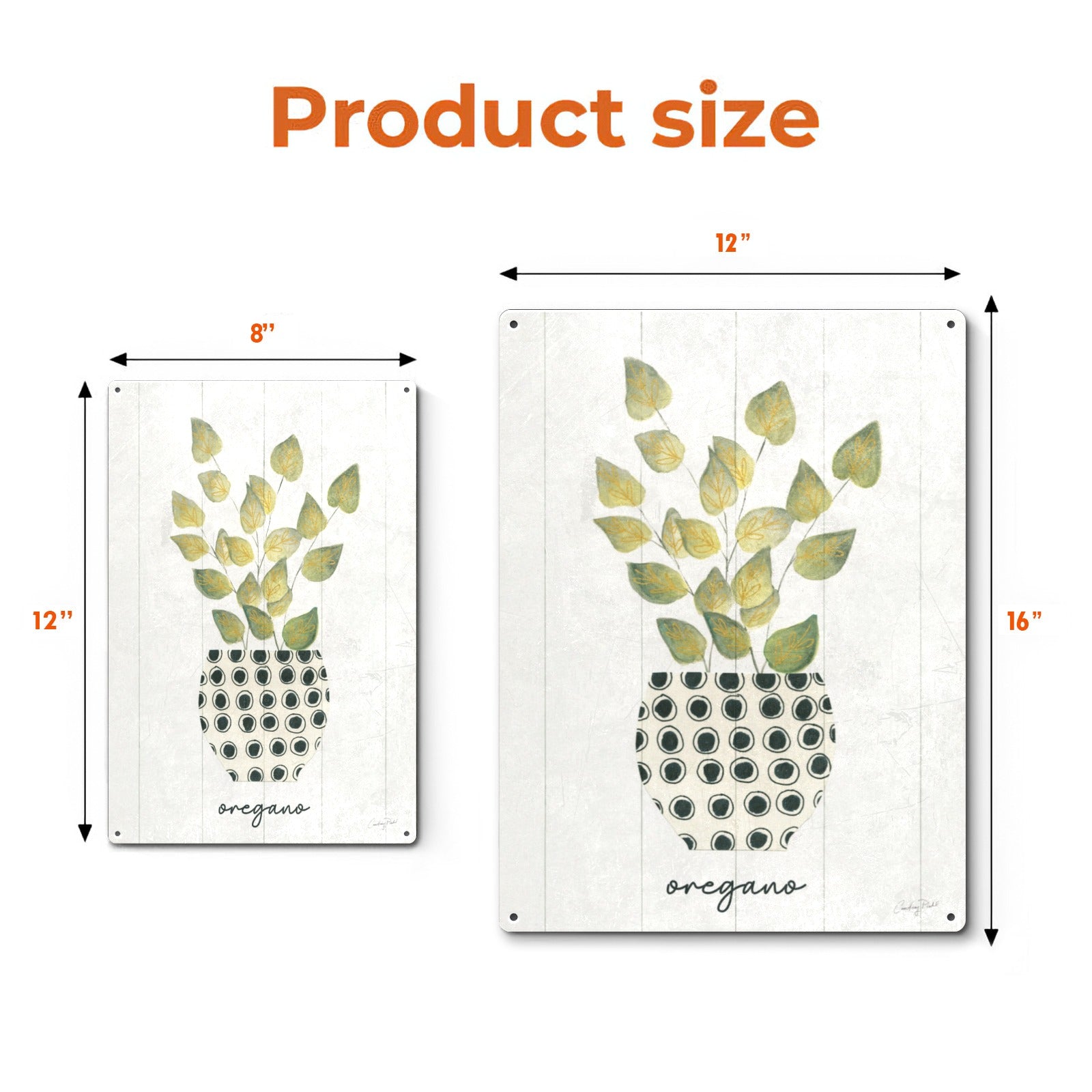 Herb Garden VIII metal sign showcasing oregano plant art, available in two sizes, vintage kitchen or garden wall decor.