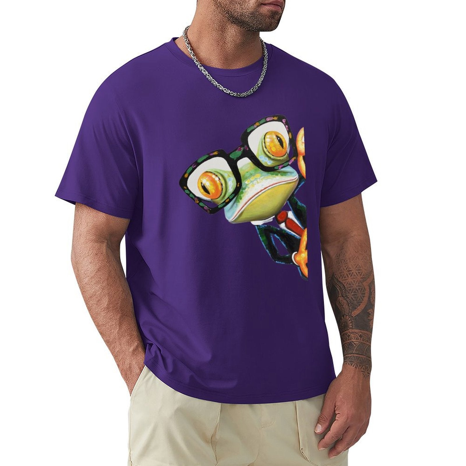 Purple Men's short sleeve crew neck t-shirt with frog design, classic tees for men, MyArtsyGift