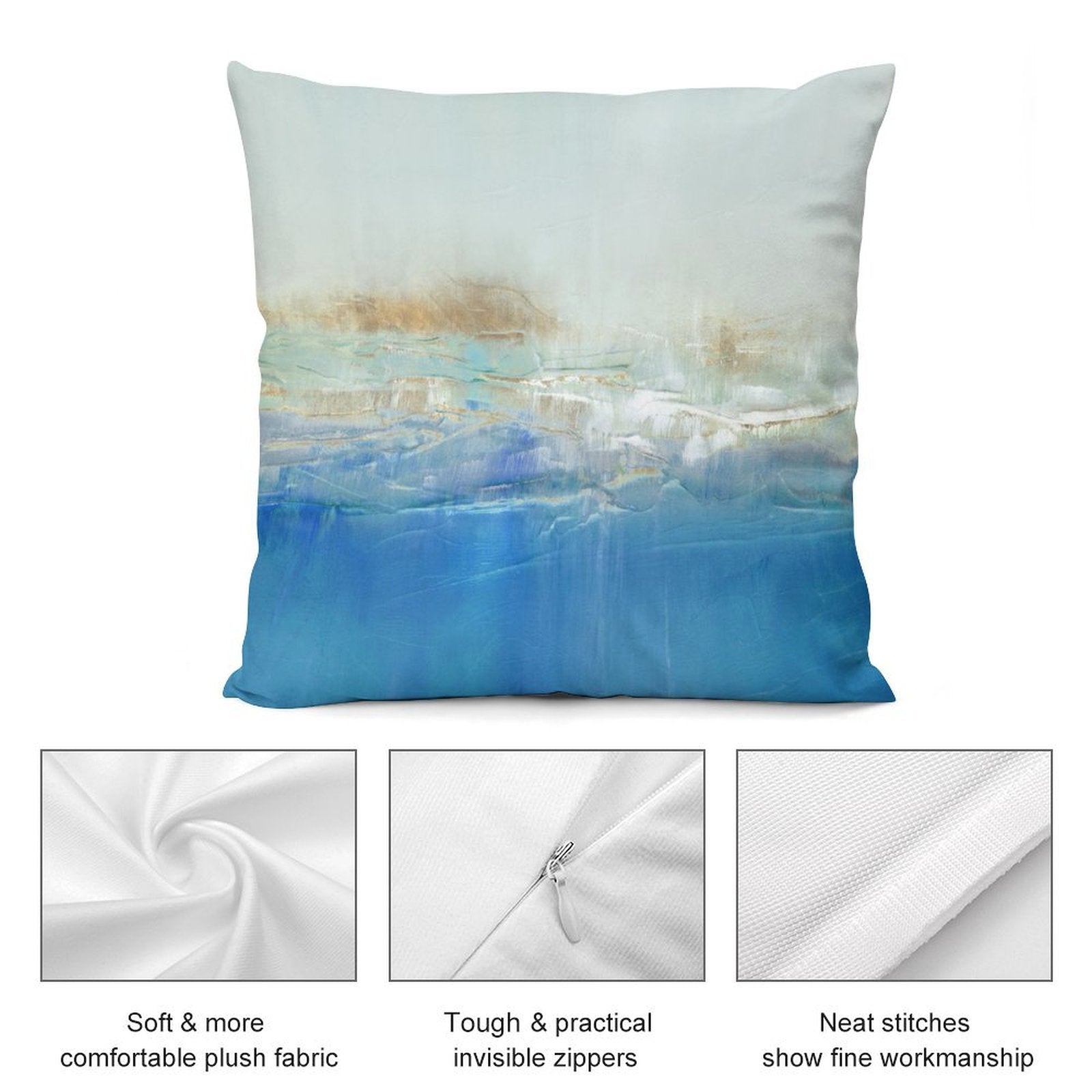 Abstract art plush pillow cover. Soft plush material with blue and gold design for living room decor. MyArtsyGift.