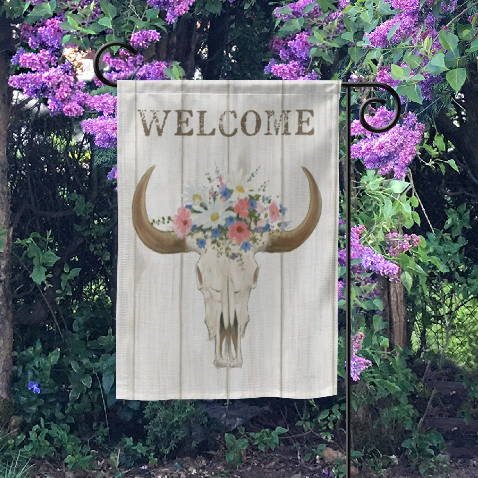 Bohemian welcome garden flag with bull skull and floral design for yard decor